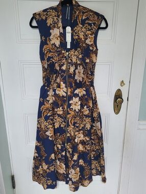 Anthropologie The Tommie Zip Front Midi Dress Navy Gold Floral XS NWT